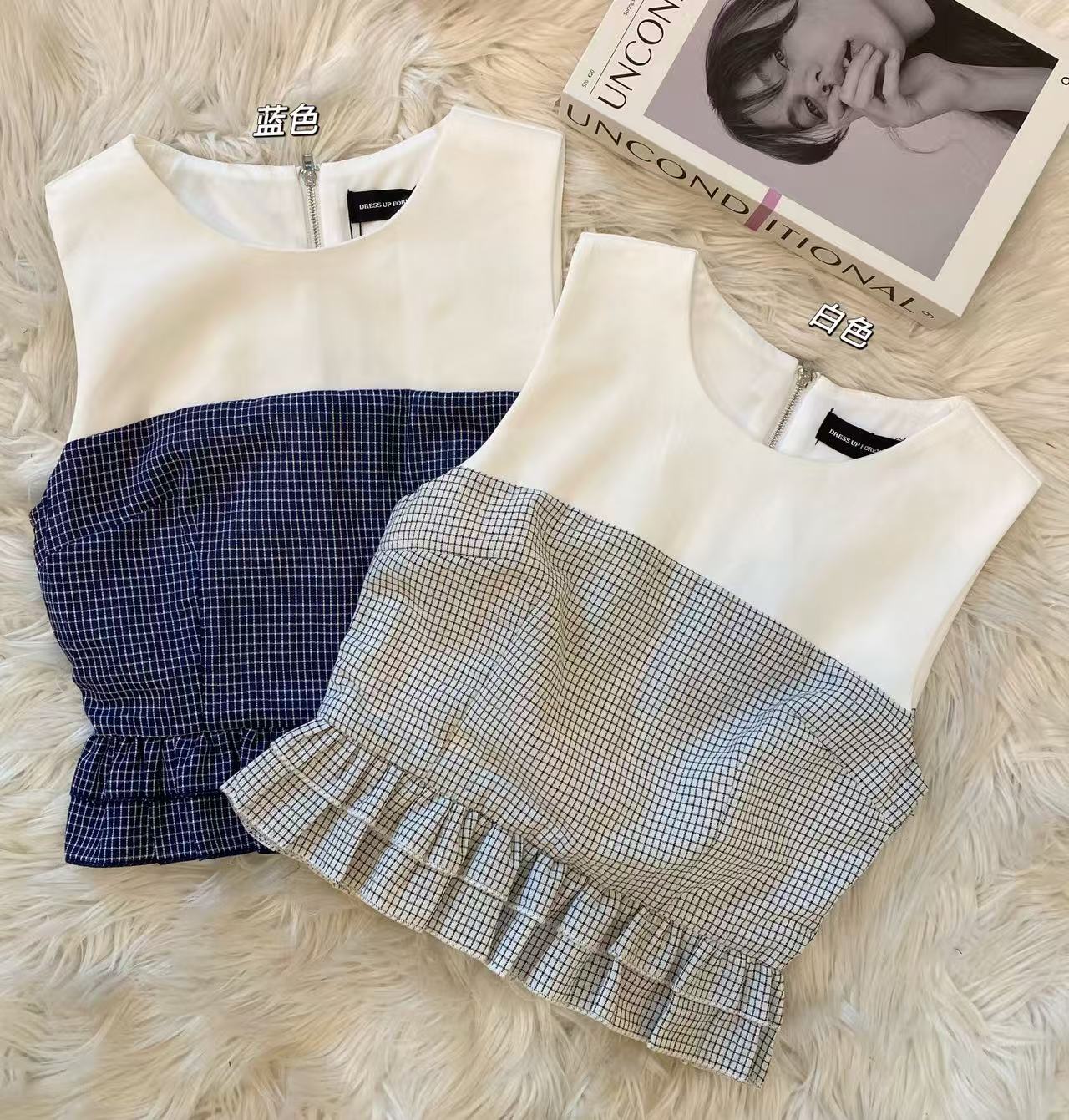 韩系格子纹假两件试上衣😍