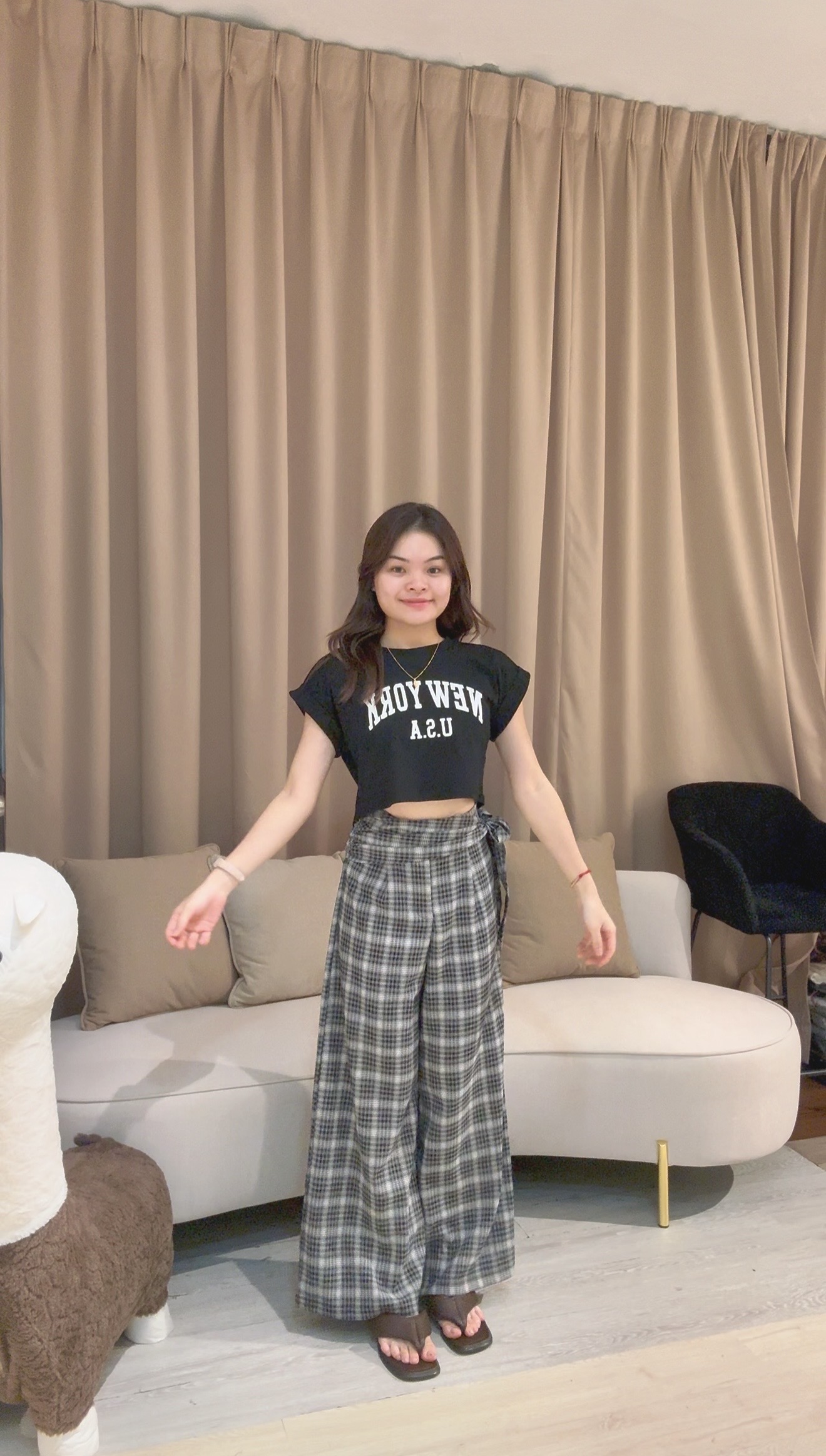 韩系显瘦高腰格子宽腿直筒长裤😍 