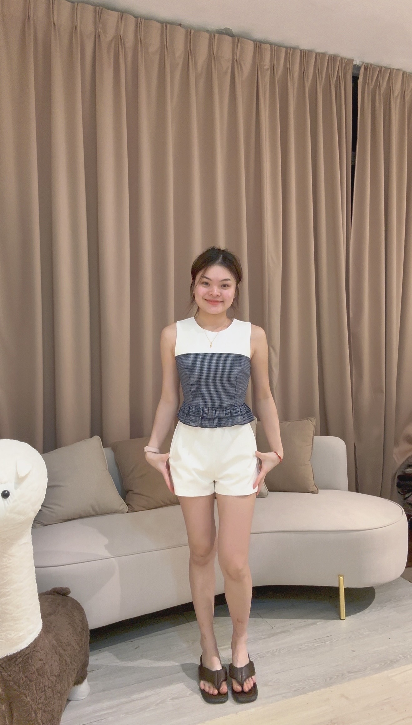 韩系格子纹假两件试上衣😍