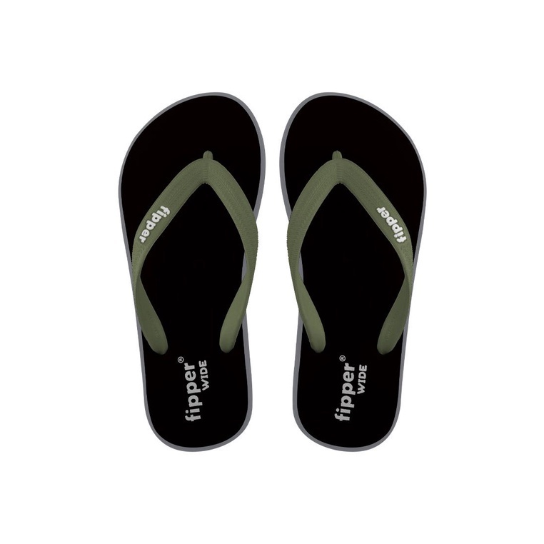 Fipper Wide Rubber Slipper for Unisex in Black / Grey (Dark) / Green (Army)