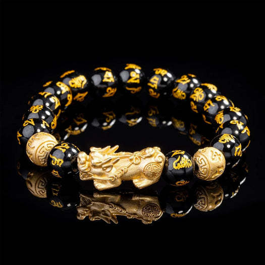 风水黑曜石招财手链 貔貅六字真言 Feng Shui Black Obsidian Wealth Bracelet