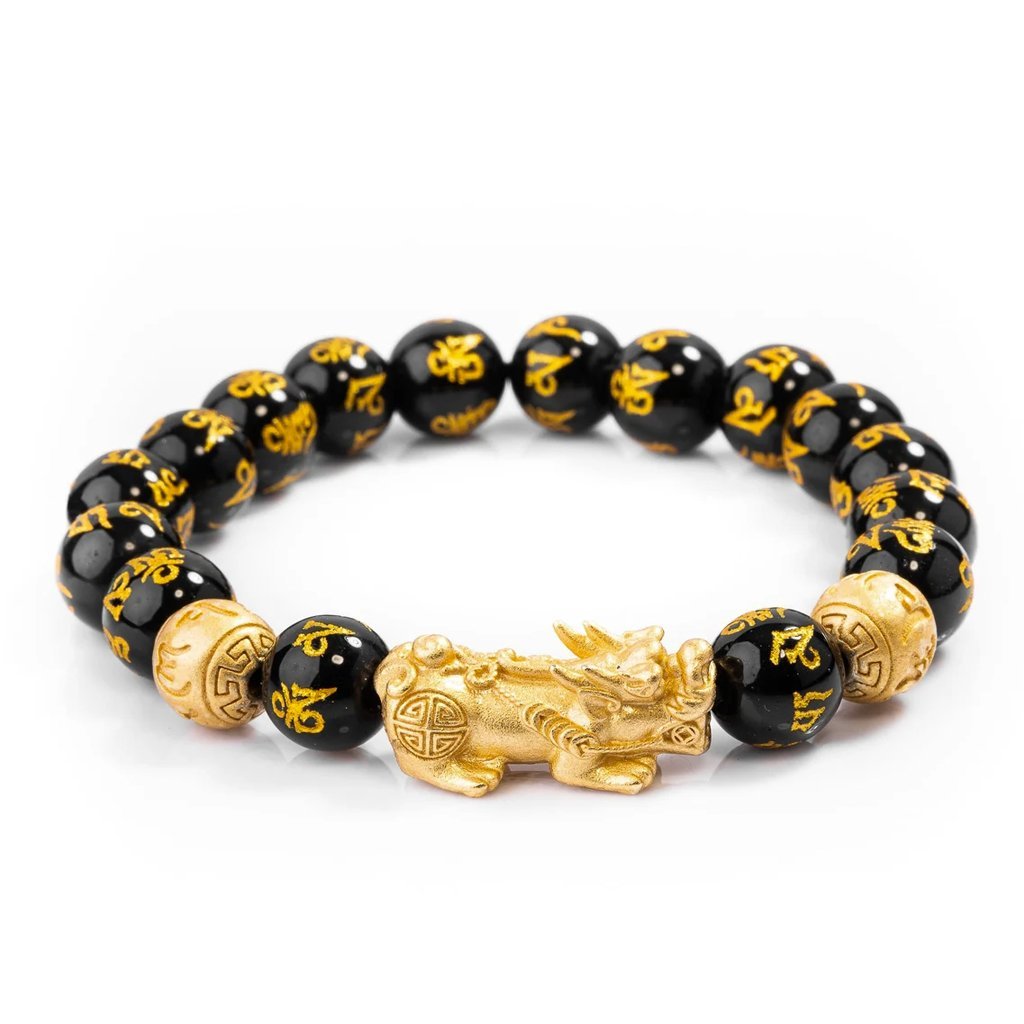 风水黑曜石招财手链 貔貅六字真言 Feng Shui Black Obsidian Wealth Bracelet