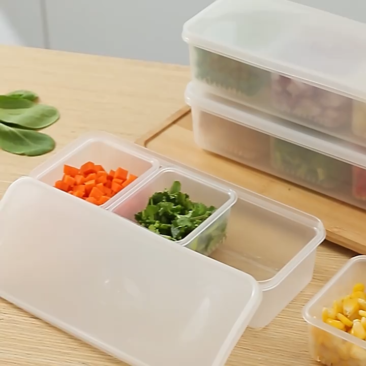 日本Imakara保鲜收纳盒 三分格密封塑料透明带盖葱花姜蒜冰箱沥水盒