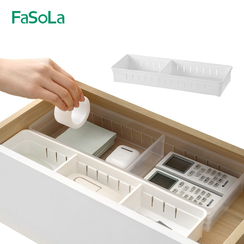 FaSoLa日式厨房抽屉收纳盒 透明塑料化妆品无盖长方形分类收纳盒
