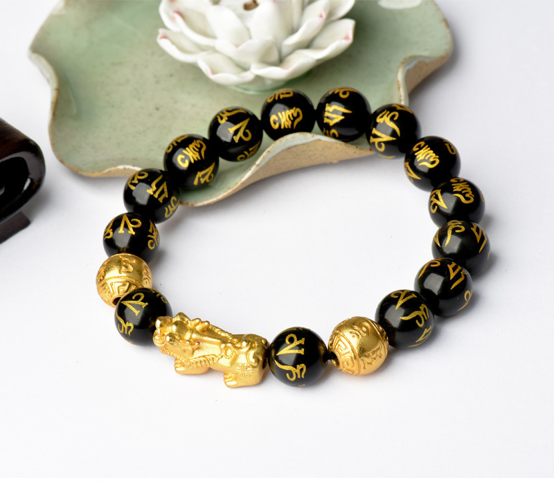 风水黑曜石招财手链 貔貅六字真言 Feng Shui Black Obsidian Wealth Bracelet