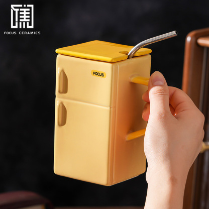 复古电冰箱陶瓷杯 带盖吸管