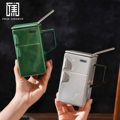 复古电冰箱陶瓷杯 带盖吸管