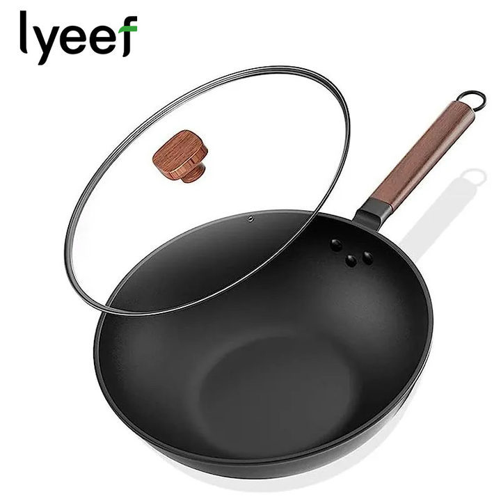 Lyeef小叶氮化技术无涂层熟铁炒锅不粘锅易视(玻璃盖 32cm)