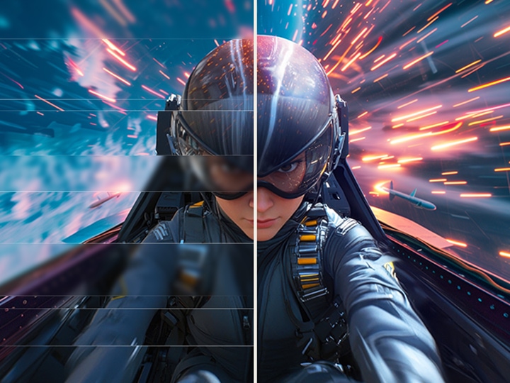 Split-screen view of a pilot in a fast-paced game, showing smoother and clearer visuals.