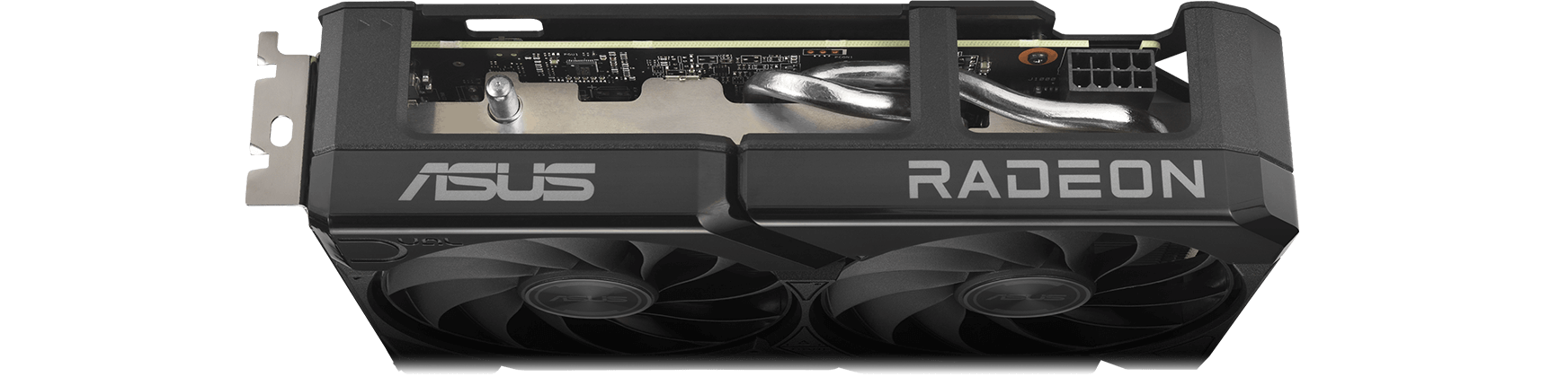 Angled top down view of the card ASUS Dual Radeon&trade; RX 9060 XT graphics card