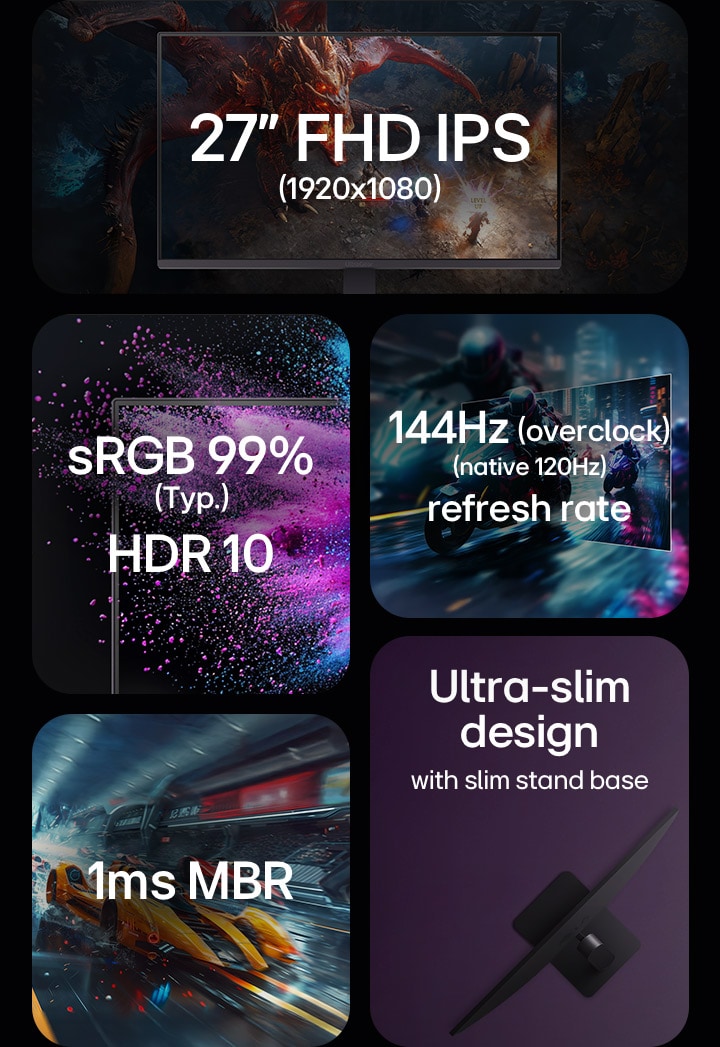 27-inch FHD IPS 1920x1080, sRGB 99%, HDR 10, 120Hz refresh rate, 1ms MRB, ultra slim design