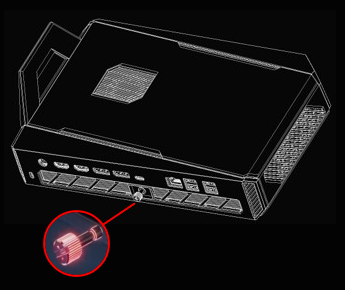 ROG NUC lying horizontally, front panel partially opened with thumbscrew twisted for easy access