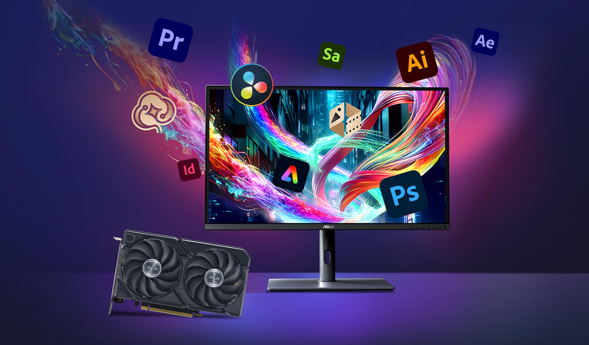 Monitor and Radeon&trade; RX 9060 XT graphics card on a desk, with Adobe product logos floating around the monitor