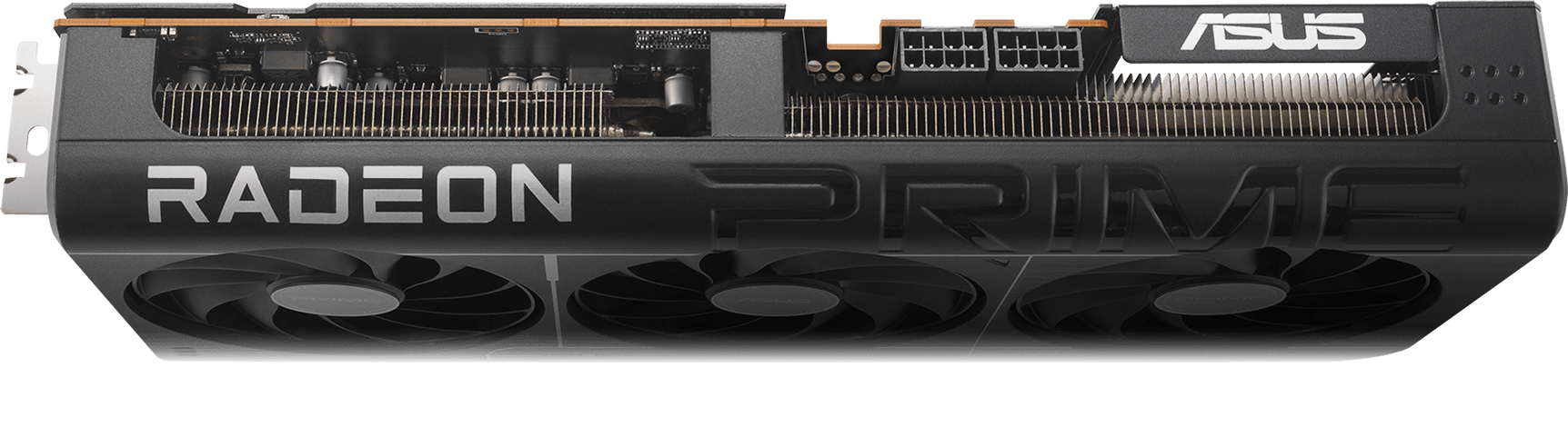 Angled top down view of the Prime Radeon RX 9070 graphics card hero angle