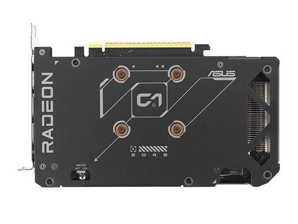 Close-up view of a Radeon&trade; RX 9060 XT graphics card's protective backplate.