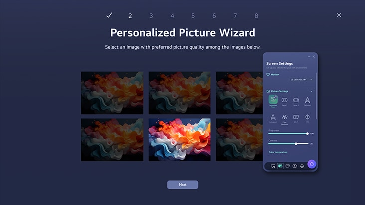 LG Switch App interface showing screen divided into sections with the Personalized Picture Wizard.