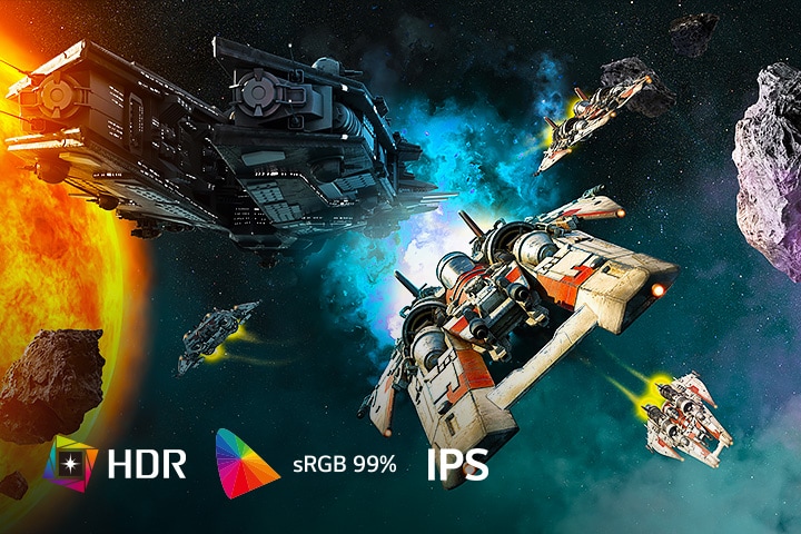 Space combat game scene showcasing vivid colors with HDR, sRGB 99%, and IPS display on the LG UltraGear monitor.