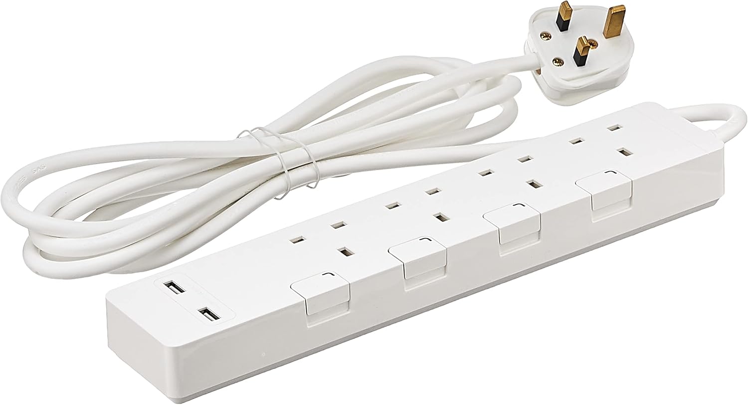 SCHNEIDER ELECTRIC Trailing socket, AvatarOn, with individual switch & USB, 4 gang, 3M, white