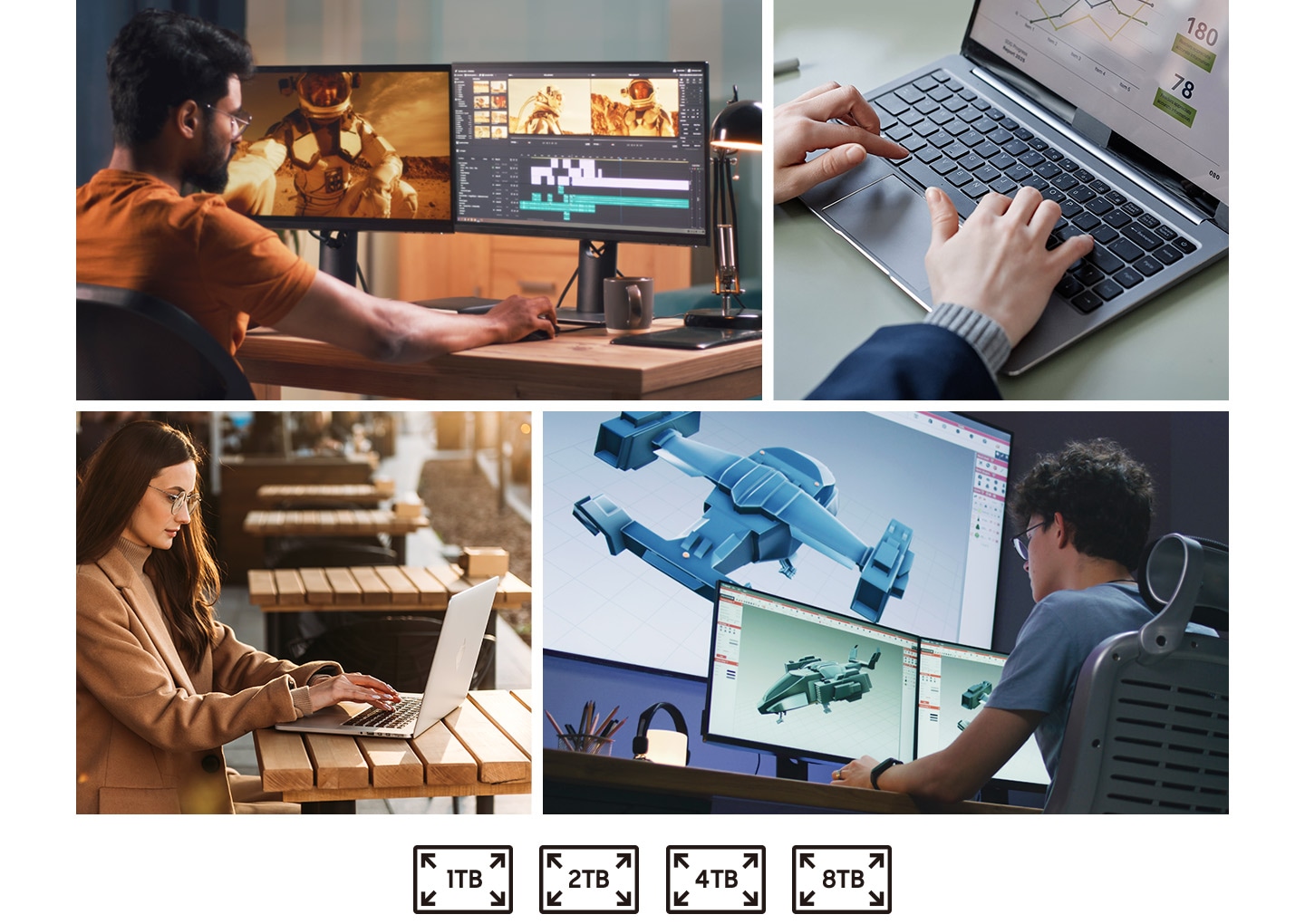 Several cases of using desktop PC, laptop. Below, there are icons written by 1TB, 2TB, 4TB, and 8TB.