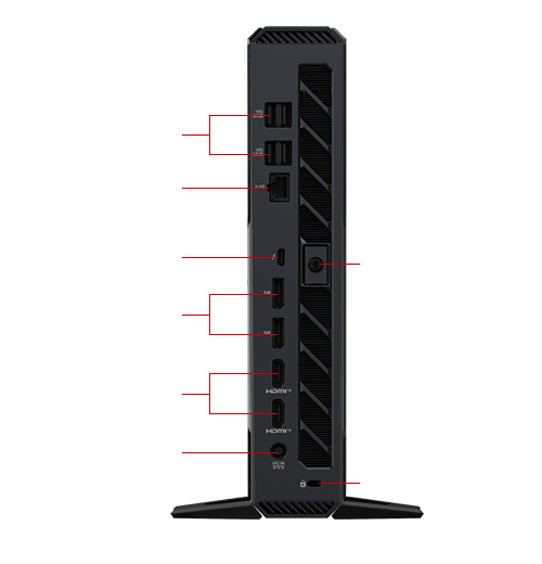 Side I/O ports of a black ROG NUC 2025