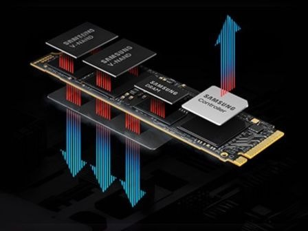 The detailed components that make up the 9100 PRO are visible. There are two components that say "SAMSUNG V-NAND" and one component each that says "SAMSUNG DRAM" and "SAMSUNG Controller." Around it, an arrow indicating the direction in which heat is emitted is visible.
