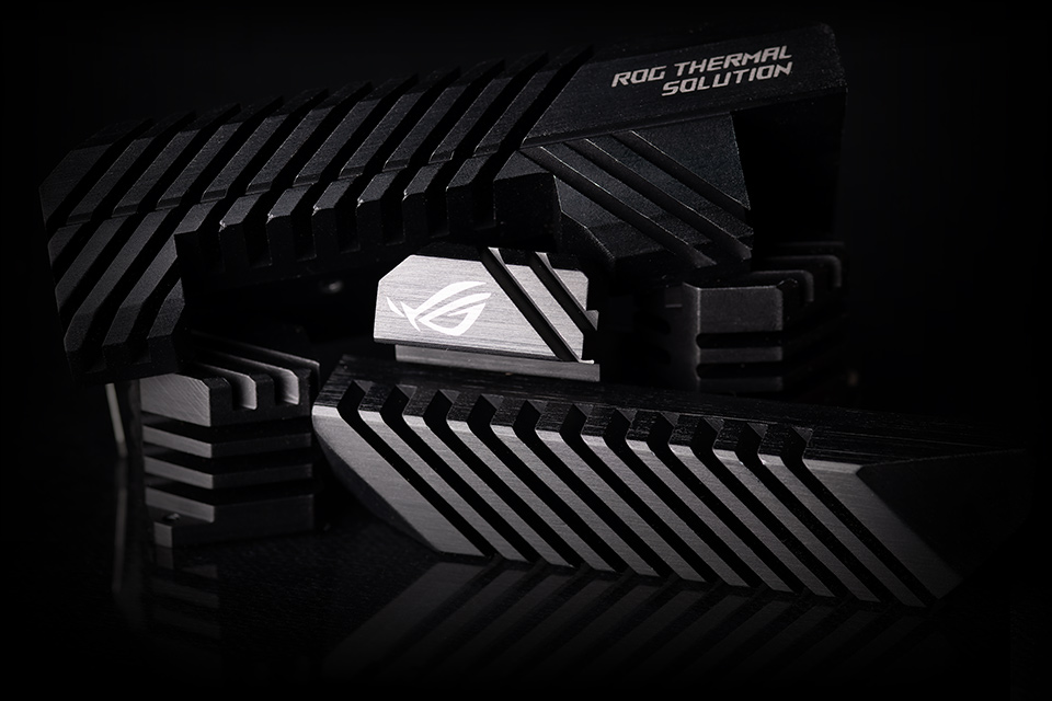 ROG heatsinks arranged for display