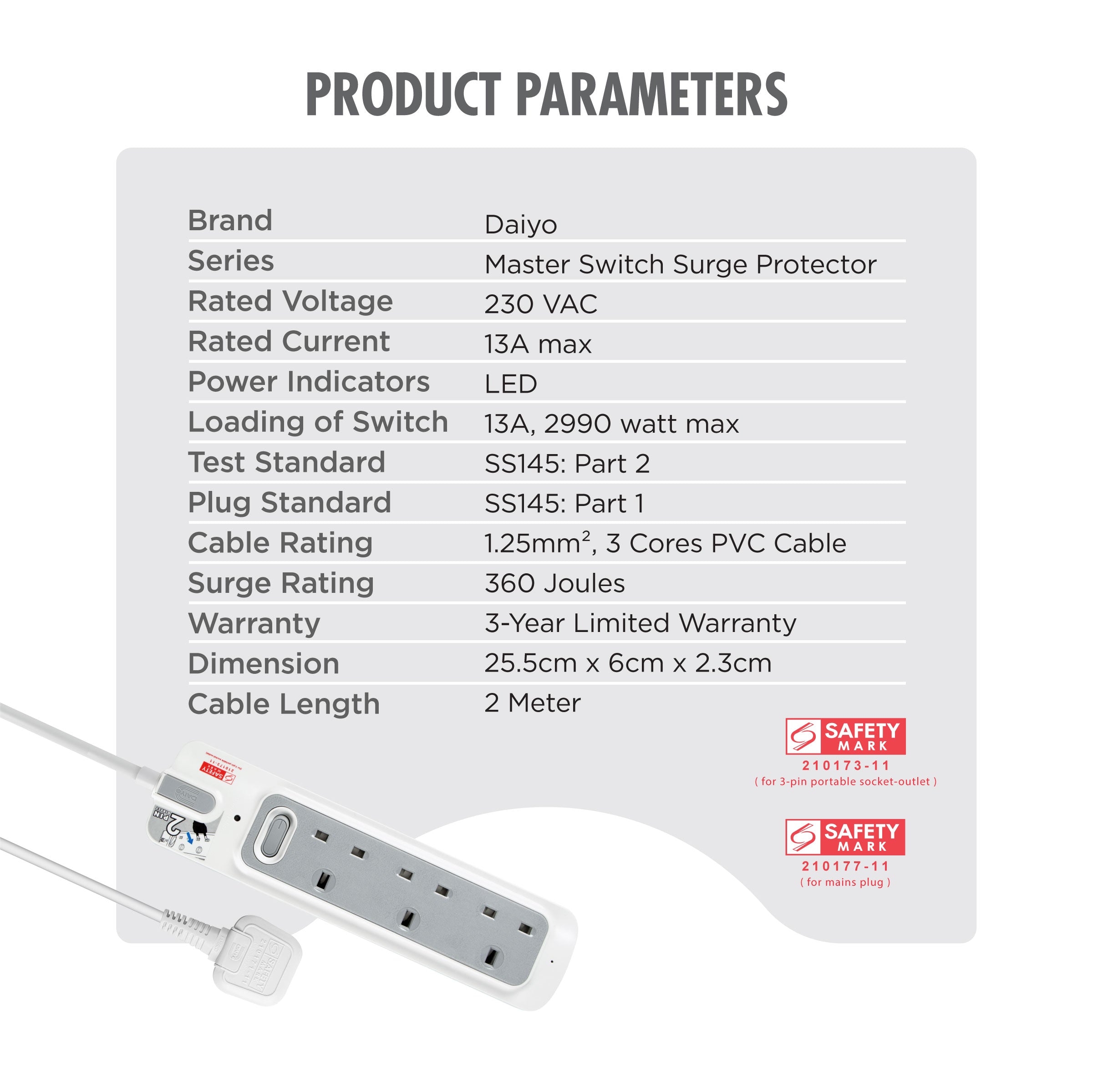 Daiyo DE 363 Master Switch 3 Way Extension Socket Strip 2 Meter long