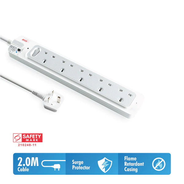 Daiyo DE 365 Master Switch Surge Protector 5 Way Extension Socket Strip 2 Meter long