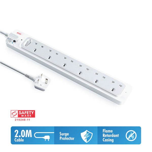 Daiyo DE 366 Master Switch Surge Protector 6 Way Extension Socket Strip 2 Meter long
