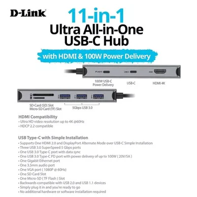 D-LINK DUB-M1150 11-in-1 USB-C Hub with 100W Power Delivery