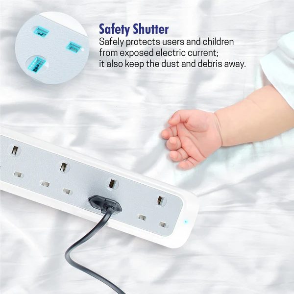 Daiyo DE 364 Master Switch Surge Protector 4 Way Extension Socket Strip 2 Meter long