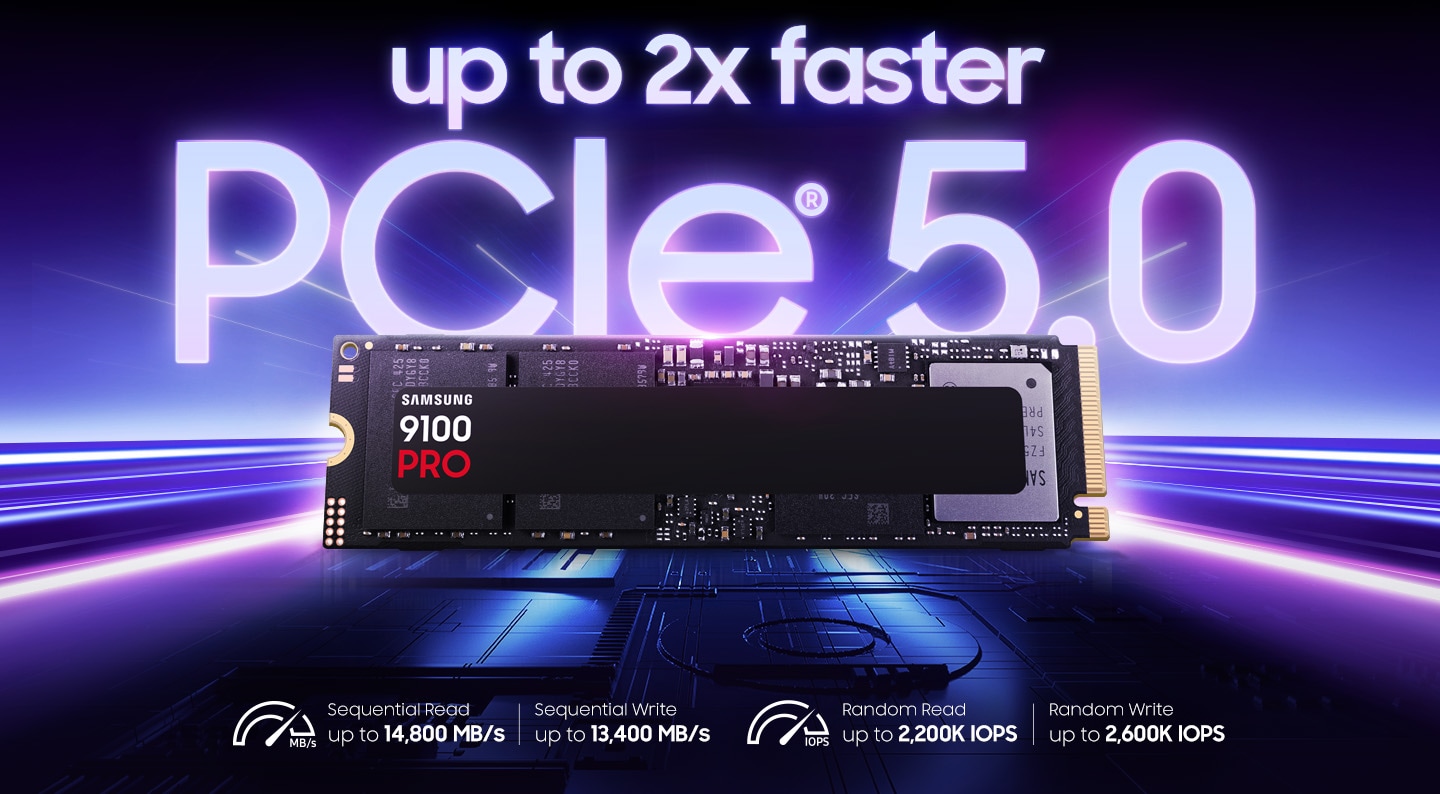 With the 9100 PRO, it says "up to 2x faster", "PCIe&reg; 5.0". Below that, it says "Sequential Read up to 14,800 MB/s", "Sequential Write up to 13,400 MB/s" with icons indicating Sequential speed, and "Random Read up to 2,200K IOPS", Random Write up to 2,600K IOPS" with icons indicating Random speed.