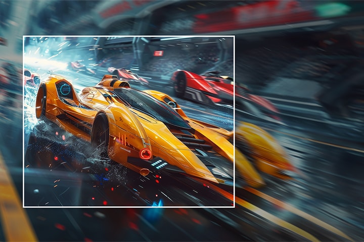 A yellow racing car is shown speeding forward on the screen, with the inside of the white square box being clearly expressed and the outside being blurred.