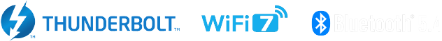 Thunderbolt Blue logo, WiFi 7 Blue logo and Bluetooth 5.4 logo