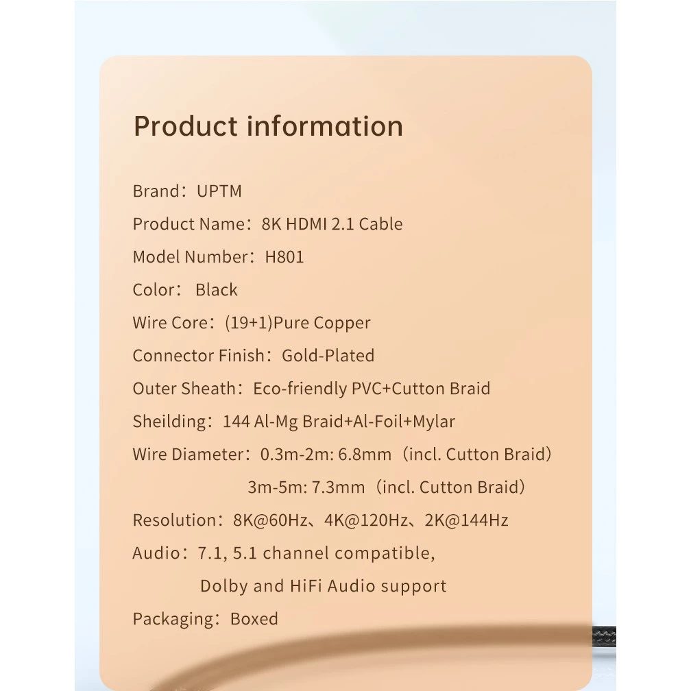 UPTM HDMI 2.1 Cable (1m / 2m / 3m / 5m) 8K/60Hz High Speed 48Gbps HDMI Cable