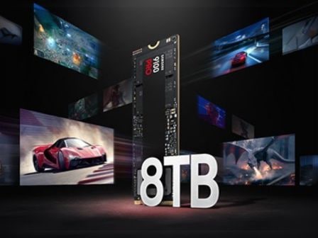 Various game screens are shown centered around the 9100 PRO, and it says "8TB".