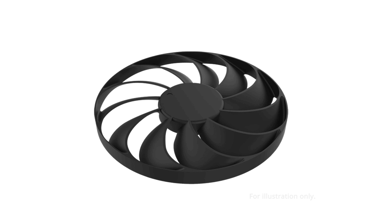 Dual Radeon&trade; RX 9060 XT fan illustration. A fan spins, slows to a stop