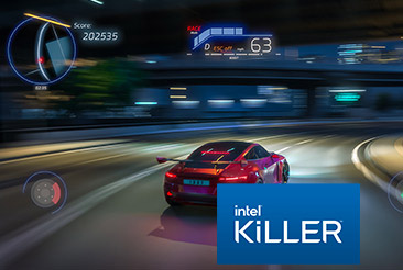 Interface of a racing video game showing a speeding red car in the night