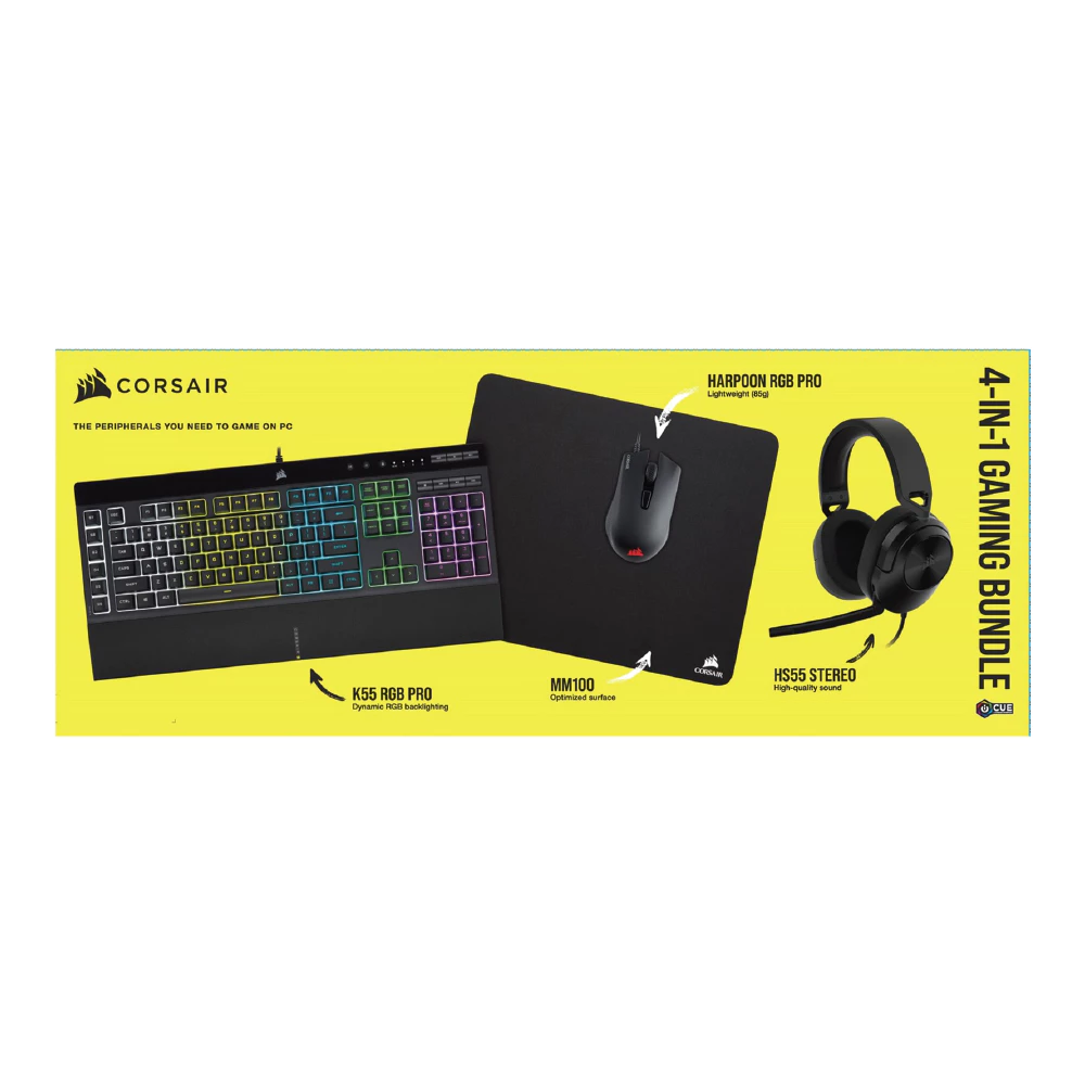 CORSAIR 4-IN-1 Gaming Bundle (K55 RGB Pro Keyboard, Harpoon RGB Pro Gaming Mouse, HS55 Stereo Headset, MM100 Mouse Pad)