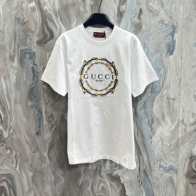 GUCCI チェーン刺繍半袖Tシャツ ホワイト