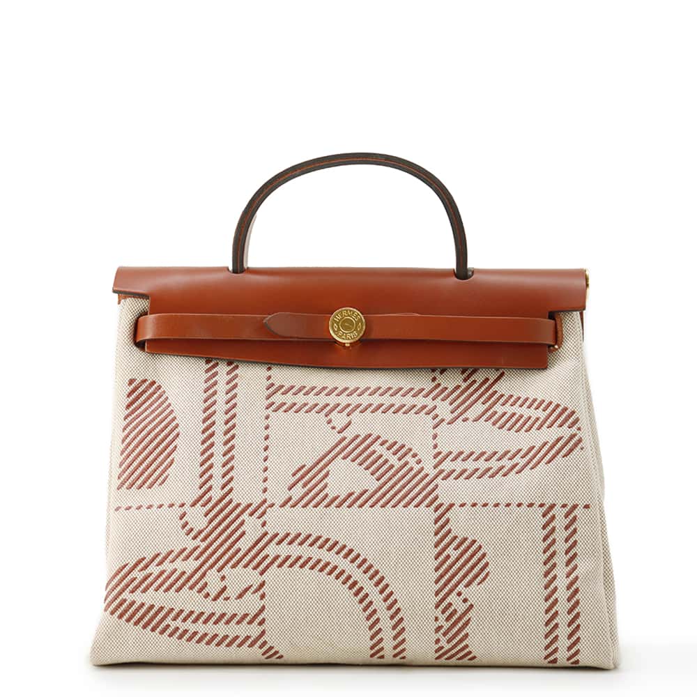 エルメス hermes エールバッグジップPM ルトゥルネ トワルアッシュ×レザー ベージュ シルバー金具 レディース