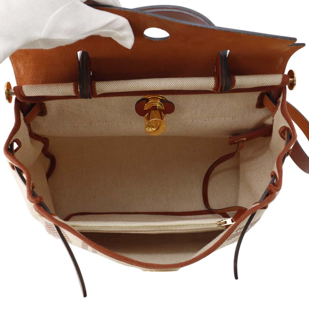 エルメス hermes エールバッグジップPM ルトゥルネ トワルアッシュ×レザー ベージュ シルバー金具 レディース