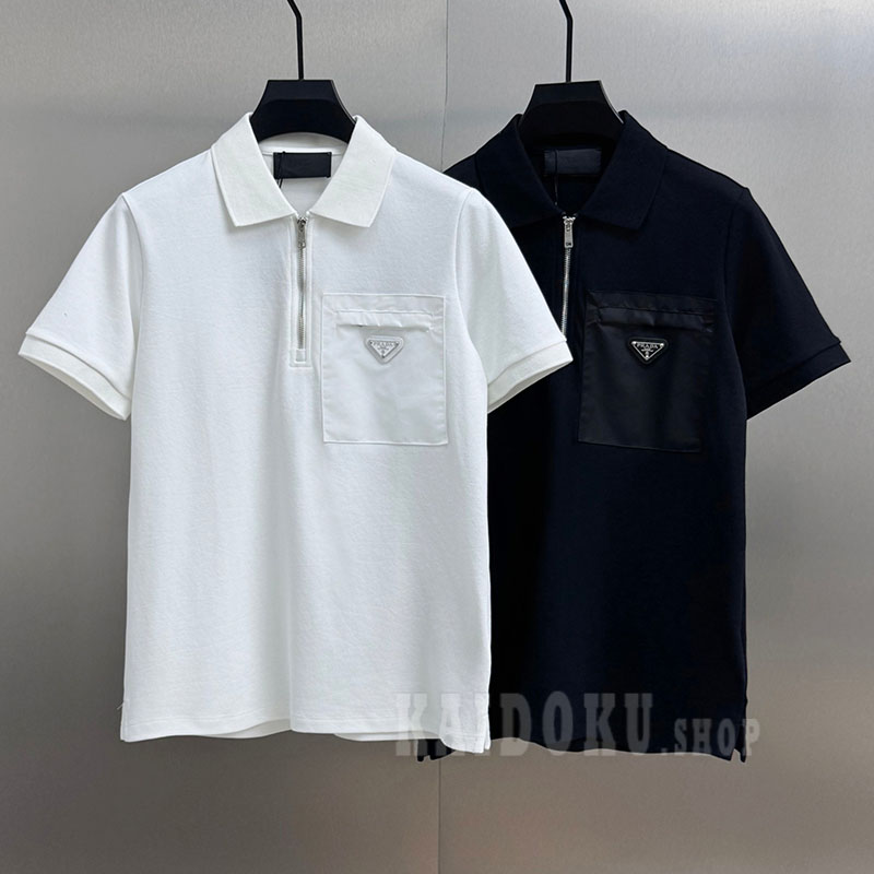 プラダ Prada ナイロンパッチワークポケット付き ハーフジップ ポロシャツ半袖 2色メンズ