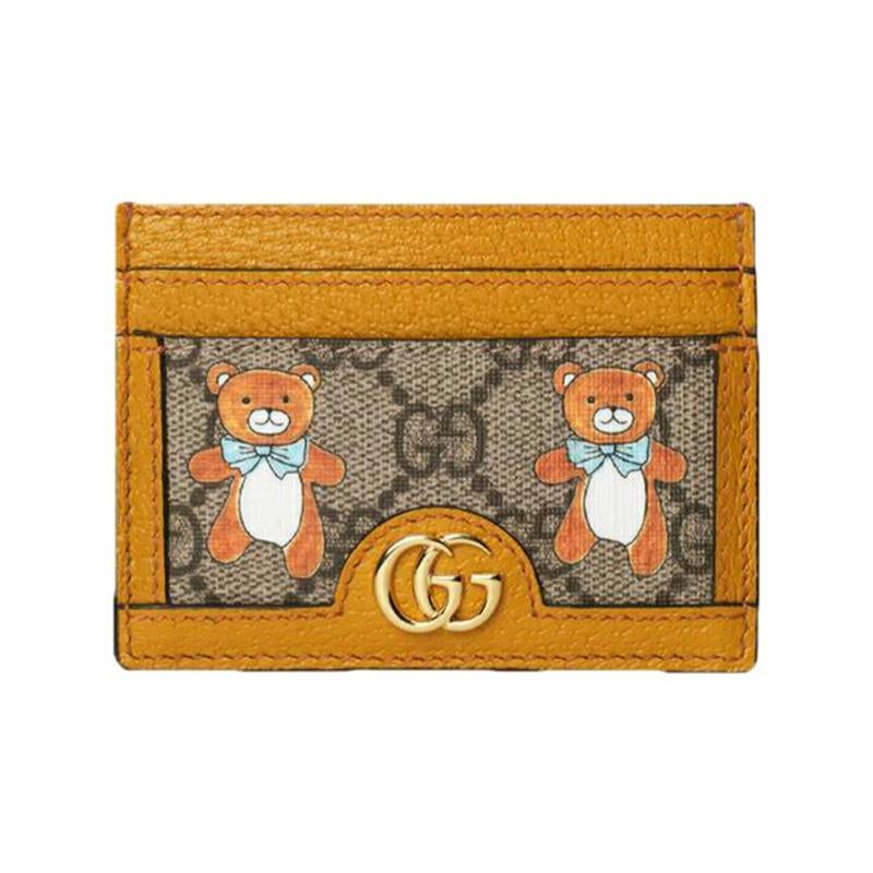 【GUCCI×KAIジョイントモデル】グッチ テディベアプリン トキャンバスとレザー カードケース ベージュ エボニー