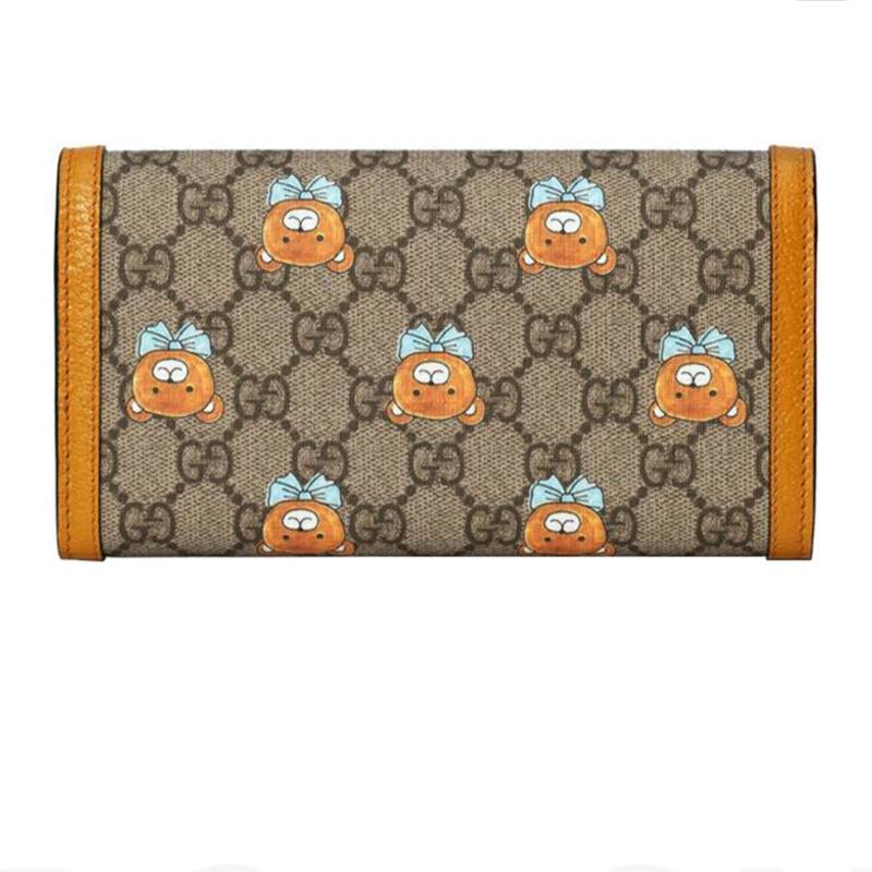 【GUCCI×KAIジョイントモデル】長財布 折財布 グッチ テディベアプリント キャンバスとレザー ロングフラップウォレット ベージュ エボニー