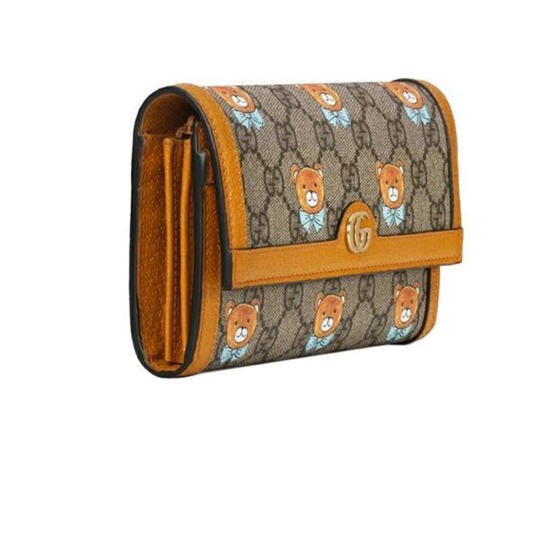 【GUCCI×KAIジョイントモデル】長財布 折財布 グッチ テディベアプリント キャンバスとレザー ロングフラップウォレット ベージュ エボニー