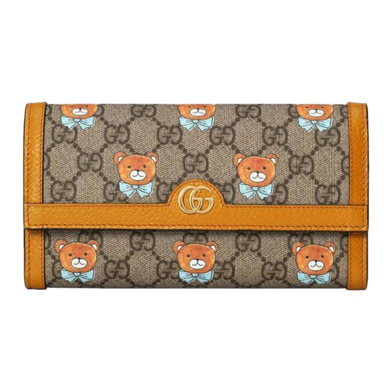 【GUCCI×KAIジョイントモデル】長財布 折財布 グッチ テディベアプリント キャンバスとレザー ロングフラップウォレット ベージュ エボニー