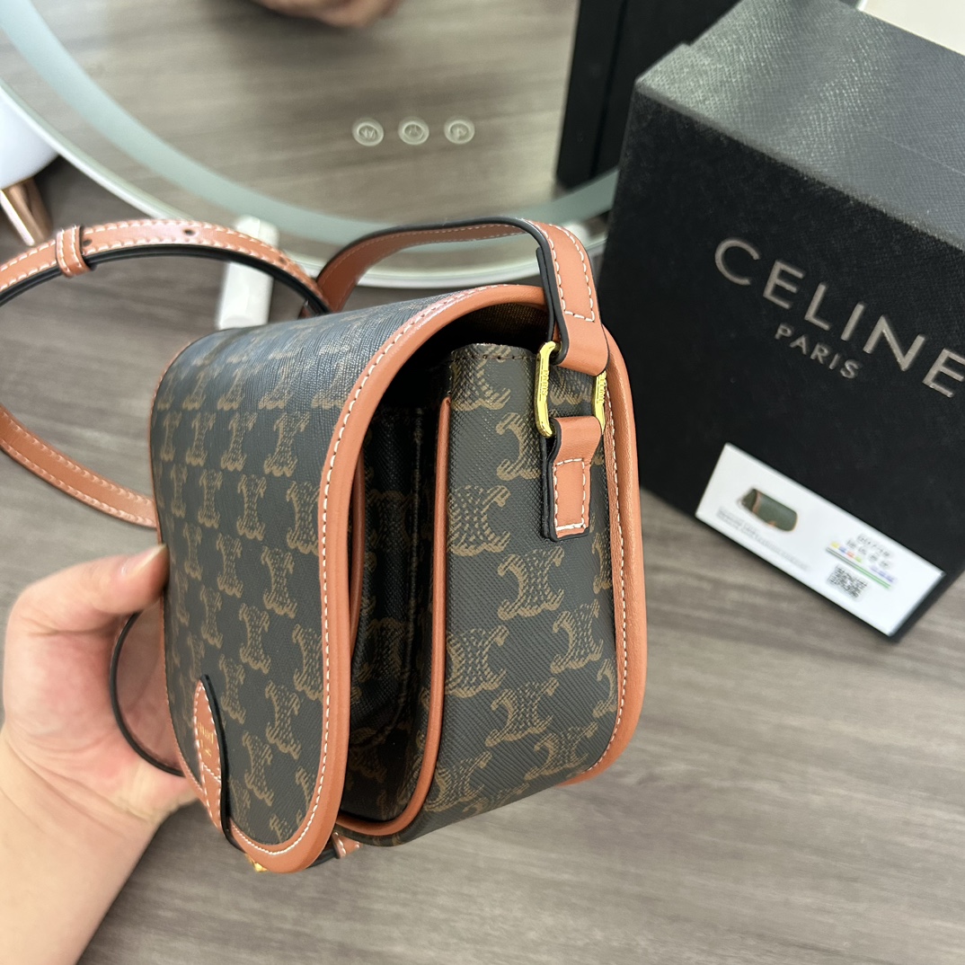 CELINE ミニ ブザス / トリオンフキャンバス＆カーフスキン タン セリーヌ/ショルダーバッグ/ミニ ブザス/トリオンフキャンバス