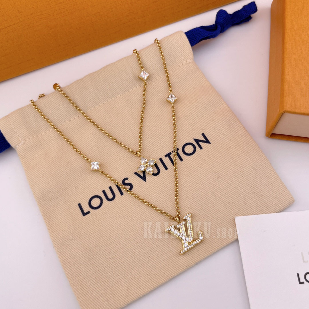 ルイヴィトン Louis Vuitton ダブルチェーン ビジュー V ロゴネックレス レディース