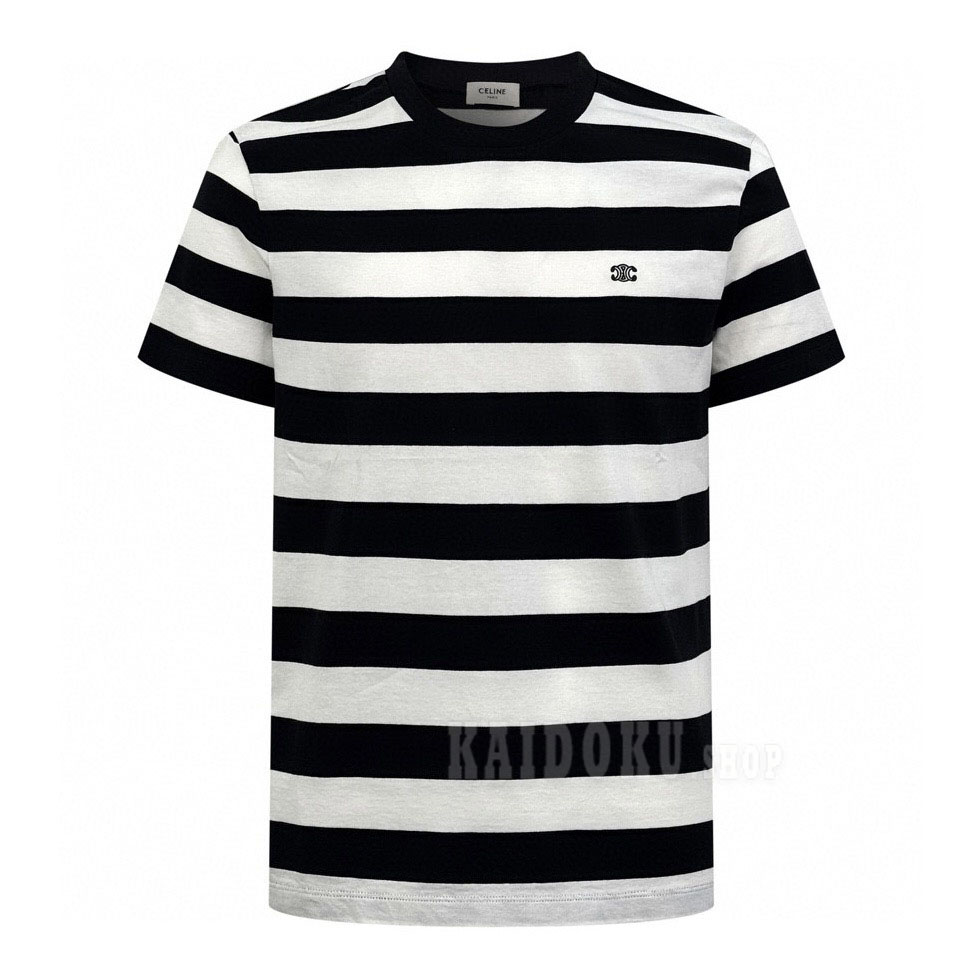 セリーヌ CELINE コットン Tシャツ 刺繍入りストライプ柄